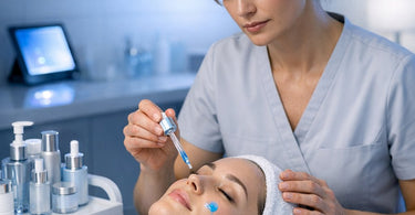 A serene spa treatment in progress, showing an esthetician gently applying a glowing serum to a client's face, symbolizing advanced blue light protection skincare.