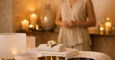 A serene spa setting with a crystal sound healing bowl and mallet placed on a soft towel next to massage oils, ready for a pre-massage relaxation ritual.