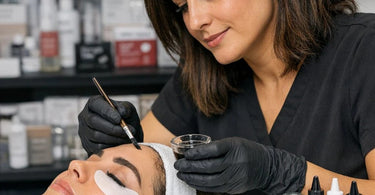 Brow and lash tinting supplies and tools arranged on a salon station, including tint colors, applicators, and cotton pads.