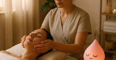 Spa therapist performing a calming facial treatment with mindfulness techniques in a serene environment