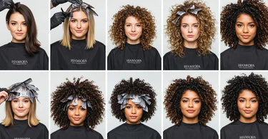 Diverse hair color palettes and tools representing multicultural hair coloring services in salons