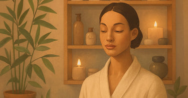 A serene spa professional practicing mindful inventory in an organized salon storage room with Pure Spa Direct products