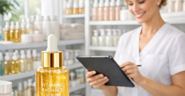A well-organized spa storage room with neatly labeled shelves full of professional serums, creams, and skincare products.