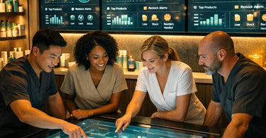 A spa manager smiling while using a tablet to check inventory, with organized shelves of spa products like wax, lotions, and towels visible in the background.