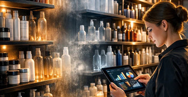A stylist in a salon looking curiously at a nearly empty shelf of beauty products, illustrating the mystery of inventory shrink.
