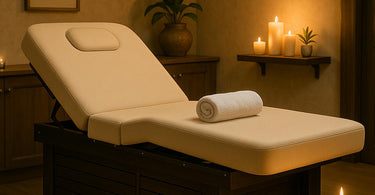 A durable professional massage bed in a serene spa setting, showcasing high-quality padding and sturdy frame