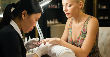 Nail technician applying nail dehydrator during manicure preparation