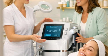 A close-up of a professional cryotherapy facial machine in use during a spa treatment, showing cool vapor gently applied to a client's face for skin rejuvenation.