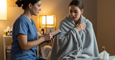 Person receiving a gentle massage while holding a tissue, indicating consideration of massage during a cold