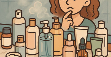 A spa professional holding a clean beauty product, looking thoughtfully at ingredients, with a background of green leaves and clear water representing transparency