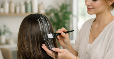 Professional hairstylist applying a formaldehyde-free keratin smoothing treatment to a client's hair in a modern salon