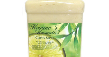 Keyano Aromatics Clarity Scrub 80 oz. jar, a professional sea salt scrub for salon manicure, pedicure, and body treatments.