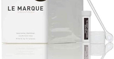 Le Marque Brow Henna Treatment Kit - Dark Brown with 12 sachets, measuring scoop, mixing cup, and storage bottle