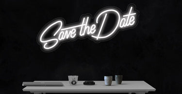 LED Flex Neon Sign Save the Date in 32x10 size with multiple color options displayed including dark blue, gold, pink, and white, perfect for spa decor and salon signage.