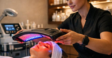 A collage featuring LED light therapy masks and panels, with text overlay: 'LED Light Therapy Add-on: Wavelength Basics, Contraindications, and How to Price It' for Pure Spa Direct's blog.