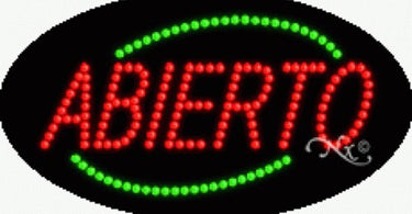 LED Sign - Abierto 15H x 27W x 1D mounted on a window displaying Abierto text in bright LED lights.