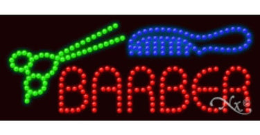 Bright red LED Barber Shop sign hanging in a window, illuminating the word Barber in bold, eye-catching letters.