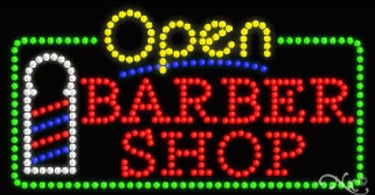 A bright and modern LED sign for a barber shop displaying the text 'Barber Shop Open', available in two sizes on Pure Spa Direct.