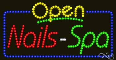 Bright red LED neon sign reading Nails Spa Open, mounted on a wall, showcasing its vibrant glow and professional salon appeal.