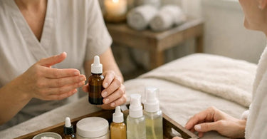 A spa professional reviewing an insurance document with a client consultation form and bottles of professional skincare products in the background.