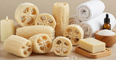 Assorted natural loofah sponges displayed elegantly, showcasing their texture and versatility for spa treatments.