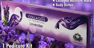 Mademoiselle Collagen Spa 4-in-1 Pedicure Kit in Lavender scent displayed on a spa table with a fluffy towel and a relaxing stone, perfect for professional salon pedicure services.