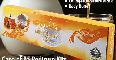 Mademoiselle Collagen Spa 4-in-1 Pedicure Kit in Milk & Honey Pearl displayed in a case of 85 kits for professional salon use.