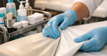 Close-up of a spa professional cleaning and conditioning the smooth vinyl surface of a modern massage table in a well-lit treatment room.