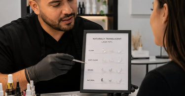 A promotional image for a blog post about managing client expectations for naturally translucent lash tips, showcasing a set of wispy, natural-looking lash extensions.