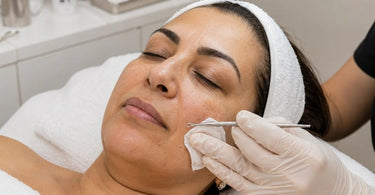 A skincare professional performing a facial extraction on a client, demonstrating proper technique and client care.