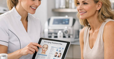 A spa professional having a friendly consultation with a mature client, discussing a treatment plan with brochures and a tablet on the table