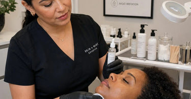 A professional esthetician applying a high-quality hard wax to a client's bikini line, focusing on proper technique to prevent ingrown hairs for those with tight curl patterns. The image showcases a clean and professional spa setting.