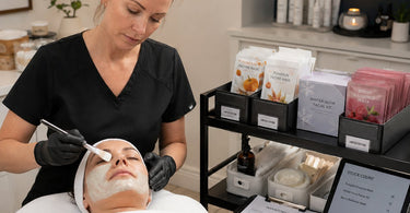 Managing inventory for seasonal facial kits and limited edition masks in a spa setting showing organized shelves and professional skincare products.