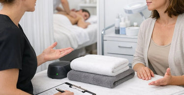 A serene spa treatment room with acoustic wall panels and soft furnishings illustrating noise control solutions for thin walls