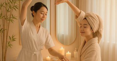 A spa professional holding a hand mirror for a client, both smiling, in a calm and beautifully lit treatment room setting.