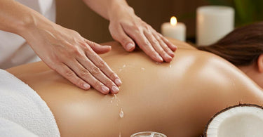 Pure Spa Direct's luxurious massage coconut oil bottle with tropical coconut background