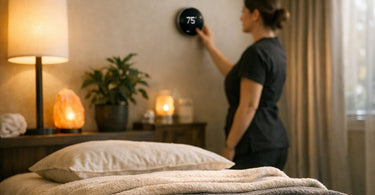 Relaxed woman receiving a warm massage on a heated table with cozy blankets in a spa setting, illustrating comfortable massage room temperature control.