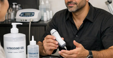 Professional Ultrasound Gels on a spa counter with a facial machine and skincare tools for esthetician treatments