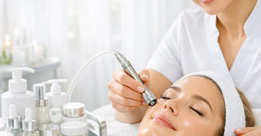 A spa professional performing a microdermabrasion treatment on a client's face in a clean, modern treatment room.