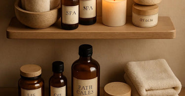A beautifully organized micro-planogram display on a small spa shelf featuring curated skincare and waxing products