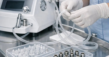 Assorted diamond microdermabrasion tips and handpieces laid out on a clean, professional surface, representing essential consumables for spa treatments.