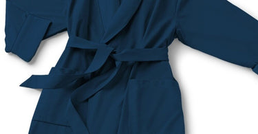 Microfiber Shawl Collar Robe in Navy with Navy Cotton-Poly Lining by Boca Terry displayed on a hanger against a clean white background. Luxury spa robe for salons and spas.