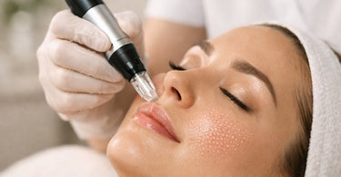 Close-up of a professional microneedling pen device gently gliding over a client's cheek, showcasing a precise and safe aesthetic treatment in a spa setting.