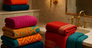 Artfully arranged mismatched spa towels in complementary colors and patterns, showcasing intentional eclectic design