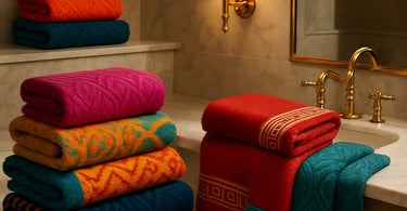 Artfully arranged mismatched spa towels in complementary colors and patterns, showcasing intentional eclectic design