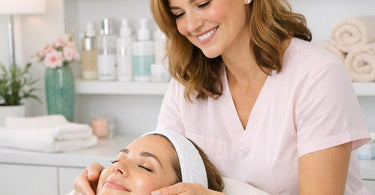 Esthetician performing a skin analysis and consultation with a client in a modern spa treatment room