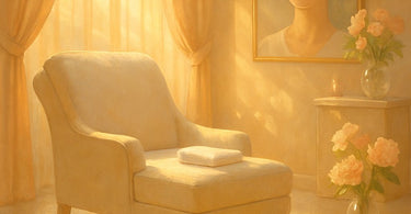 A close-up of a woman's face with a single happy tear on her cheek, resting comfortably on a spa treatment bed with a warm towel, embodying emotional release and transformation.