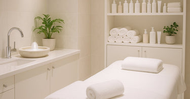 Mystery shopper evaluating sanitation and hygiene cues in a modern spa treatment room