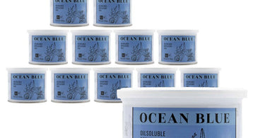 Nacach Hypoallergenic Ocean Blue Soft Wax cans with blue wax visible, displayed on a spa towel.
