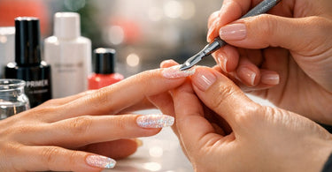 Nail extension retention guide featuring prep, dehydrators, primers, and client aftercare products arranged on a table.